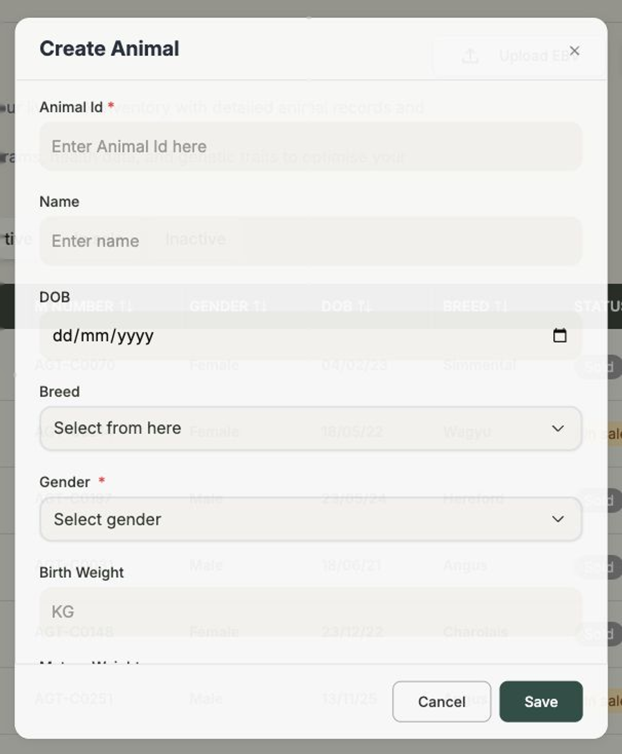 The Create Animal window with fields for Animal Id, Name, DOB, Breed, Gender and more