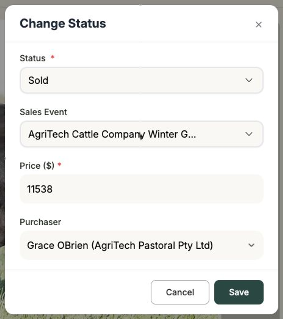 The Change Status window with a Status dropdown and Sales Event, Price and Purchaser fields shown for an in-sale or sold animal