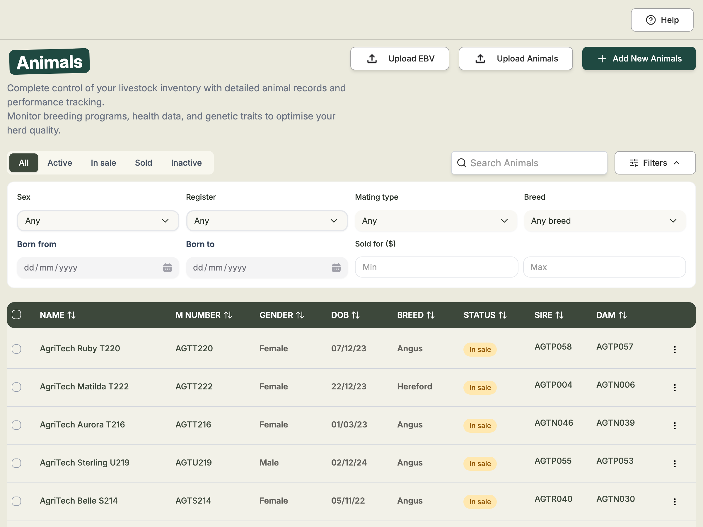 The Filters panel open on the Animals page with options for sex, register, mating type, breed, date of birth and sold price