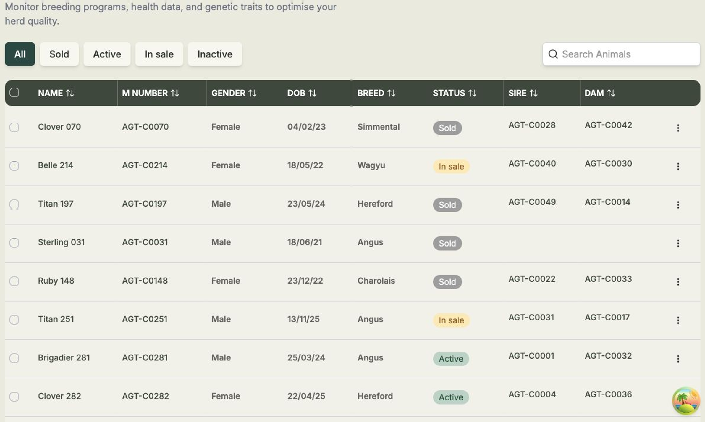 The Animals list page showing status filter tabs, a search box, and a table of animals with sortable columns