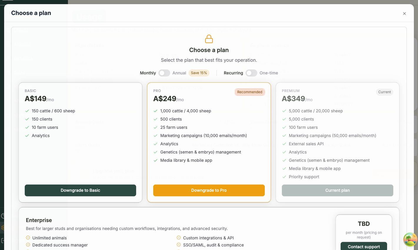 The Choose a plan dialog showing the Basic, Pro, Premium and Enterprise plan cards with Monthly/Annual and Recurring/One-time toggles