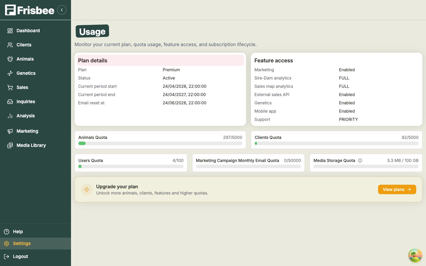 The Usage page in Settings showing the current plan, status, billing period and quota bars for animals, clients, users, monthly emails and media storage