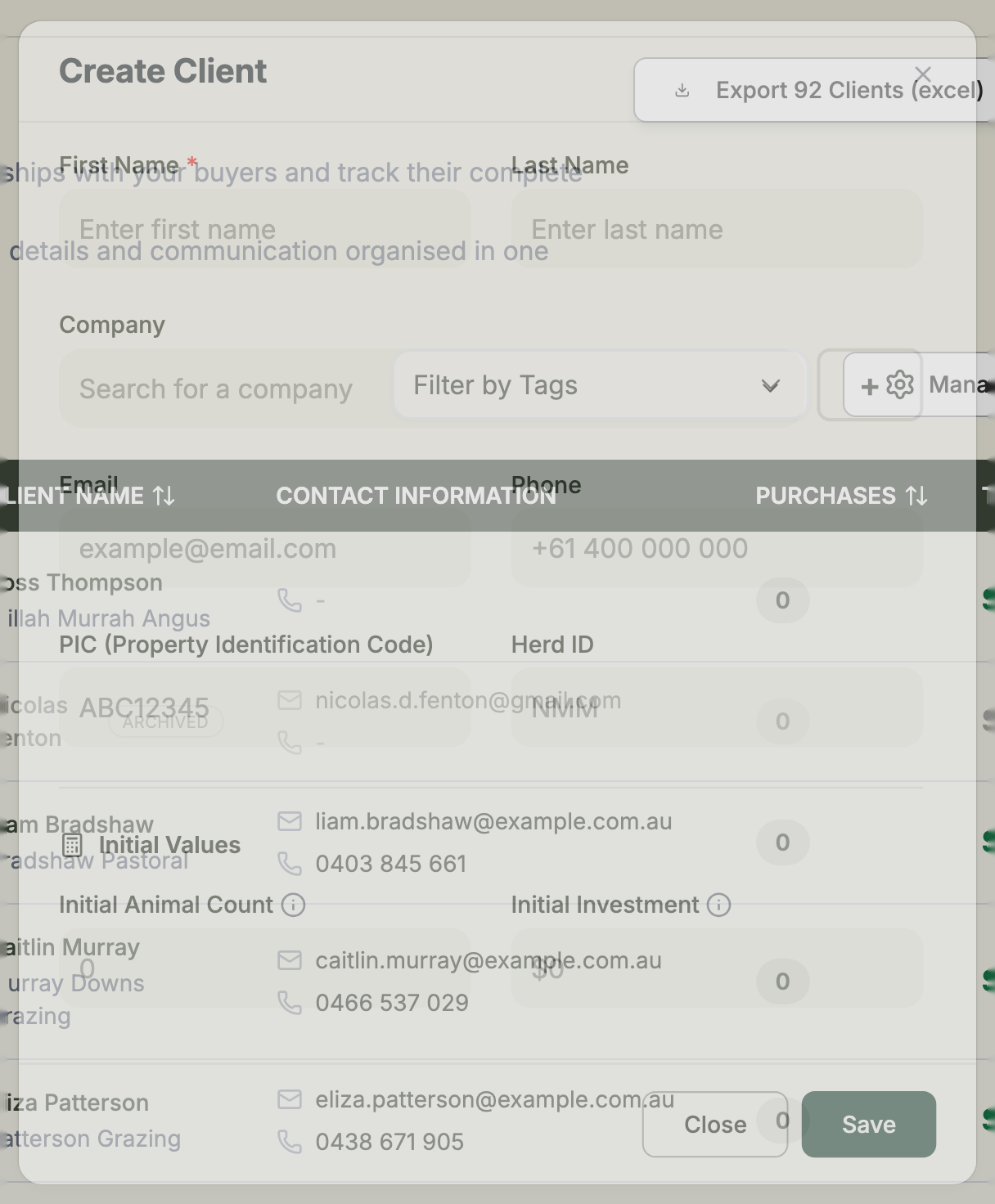The Create Client form with fields for name, contact details, company, PIC, herd ID and address