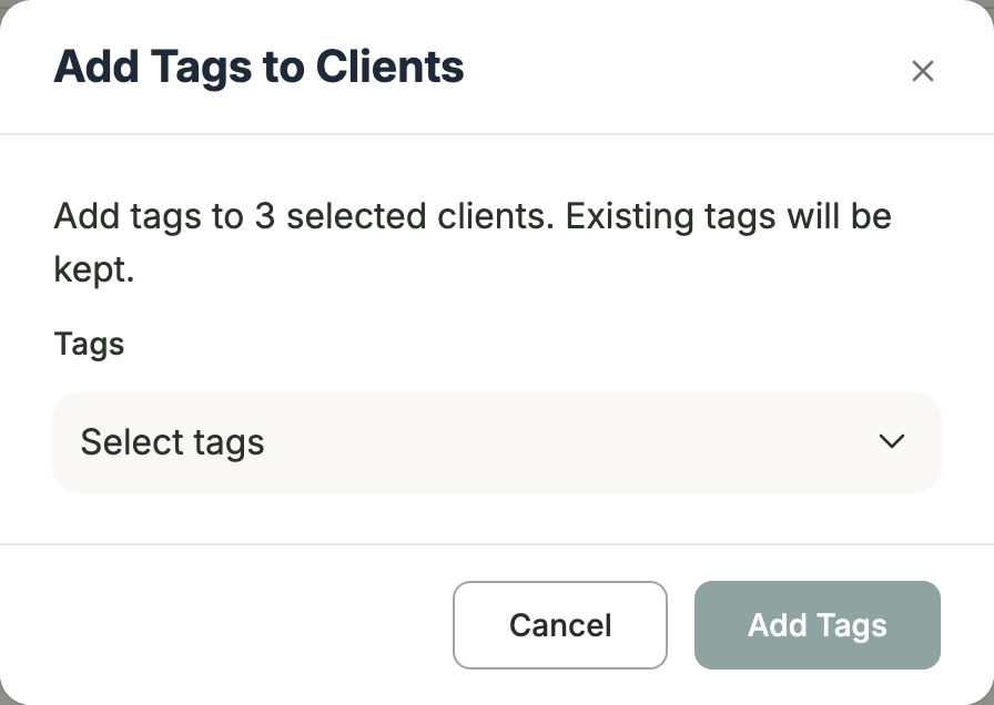 The Add Tags to Clients window with a tag picker and Add Tags button