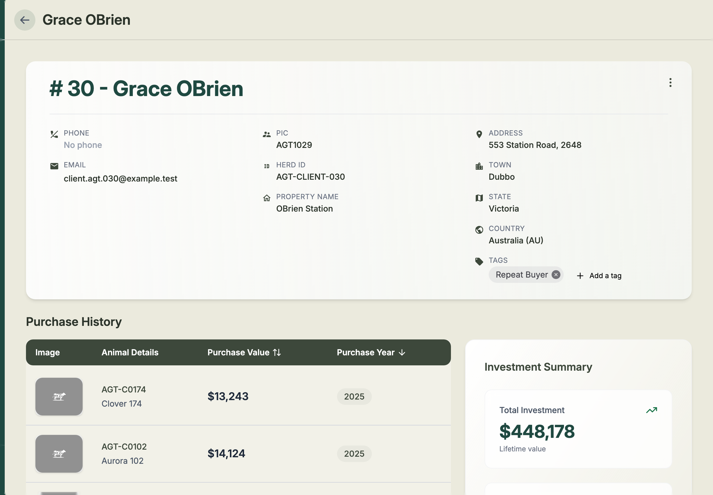 A client record showing contact details, tags and a purchase history table of animals bought
