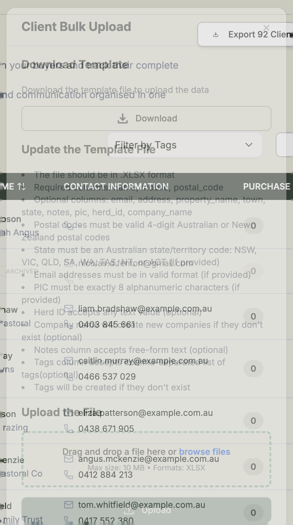 The Client Bulk Upload modal with a Download Template button and a drag-and-drop area for the spreadsheet