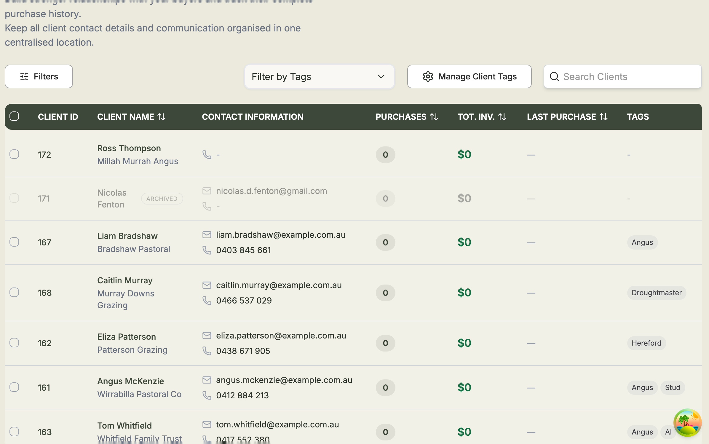 The Clients list showing rows of buyers with client ID, name, contact information, purchases, total invested, last purchase and tags