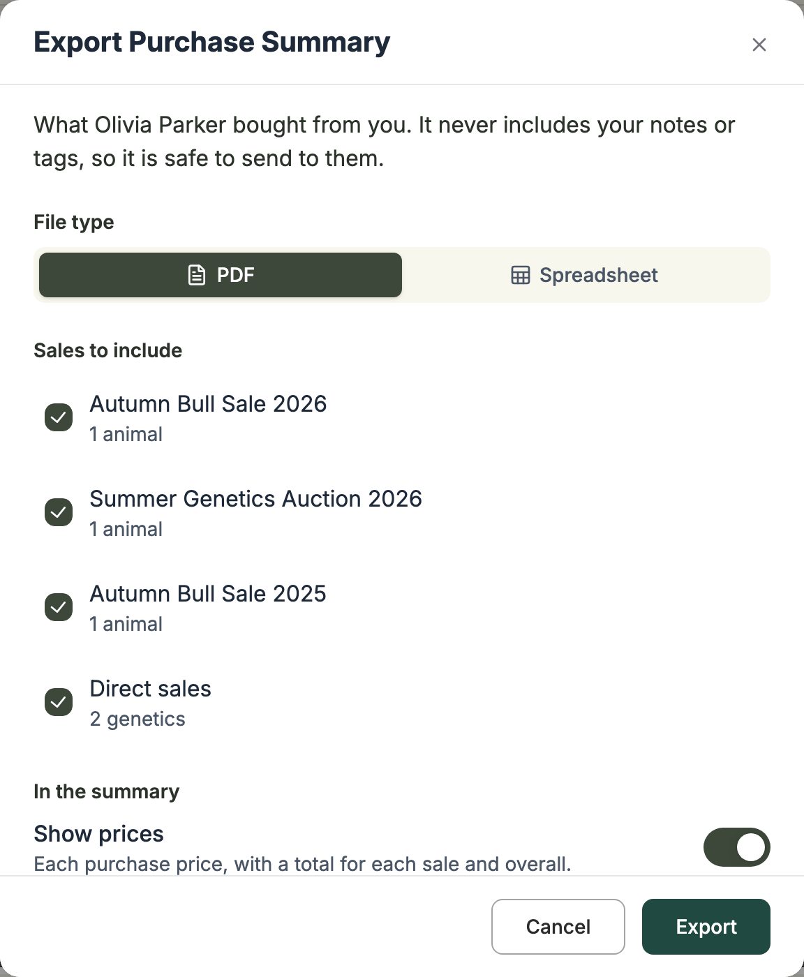The Export Purchase Summary window with PDF and Spreadsheet options, a tick list of sales, and Show prices and Include contact details switches