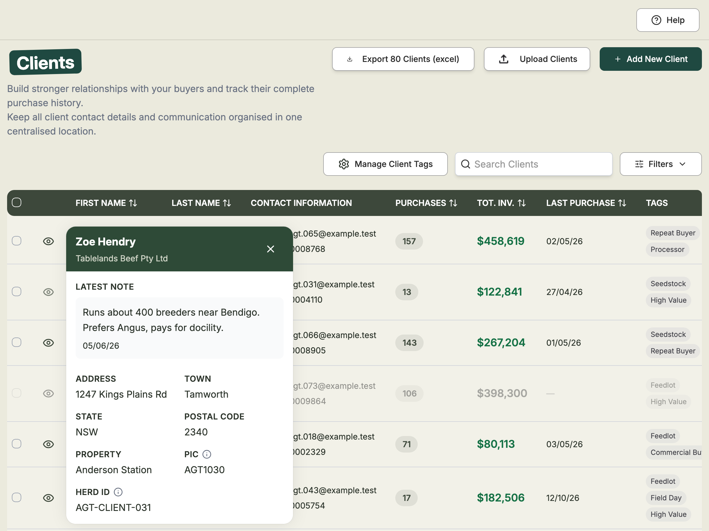 A quick view panel open beside the client list, showing the client's latest note, address, property, PIC and Herd ID