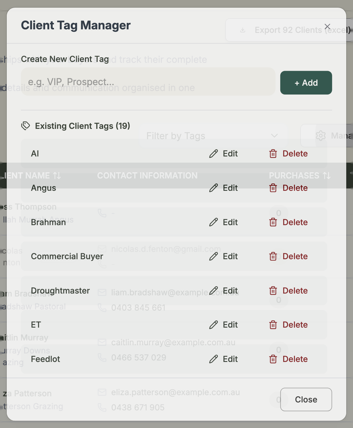 The Client Tag Manager modal showing a field to create a new tag and a list of existing tags with edit and delete options