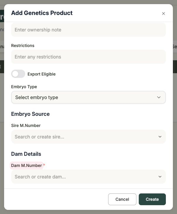 The Add Genetics Product form with Type set to Embryo, showing the Embryo Type and required Dam M.Number fields