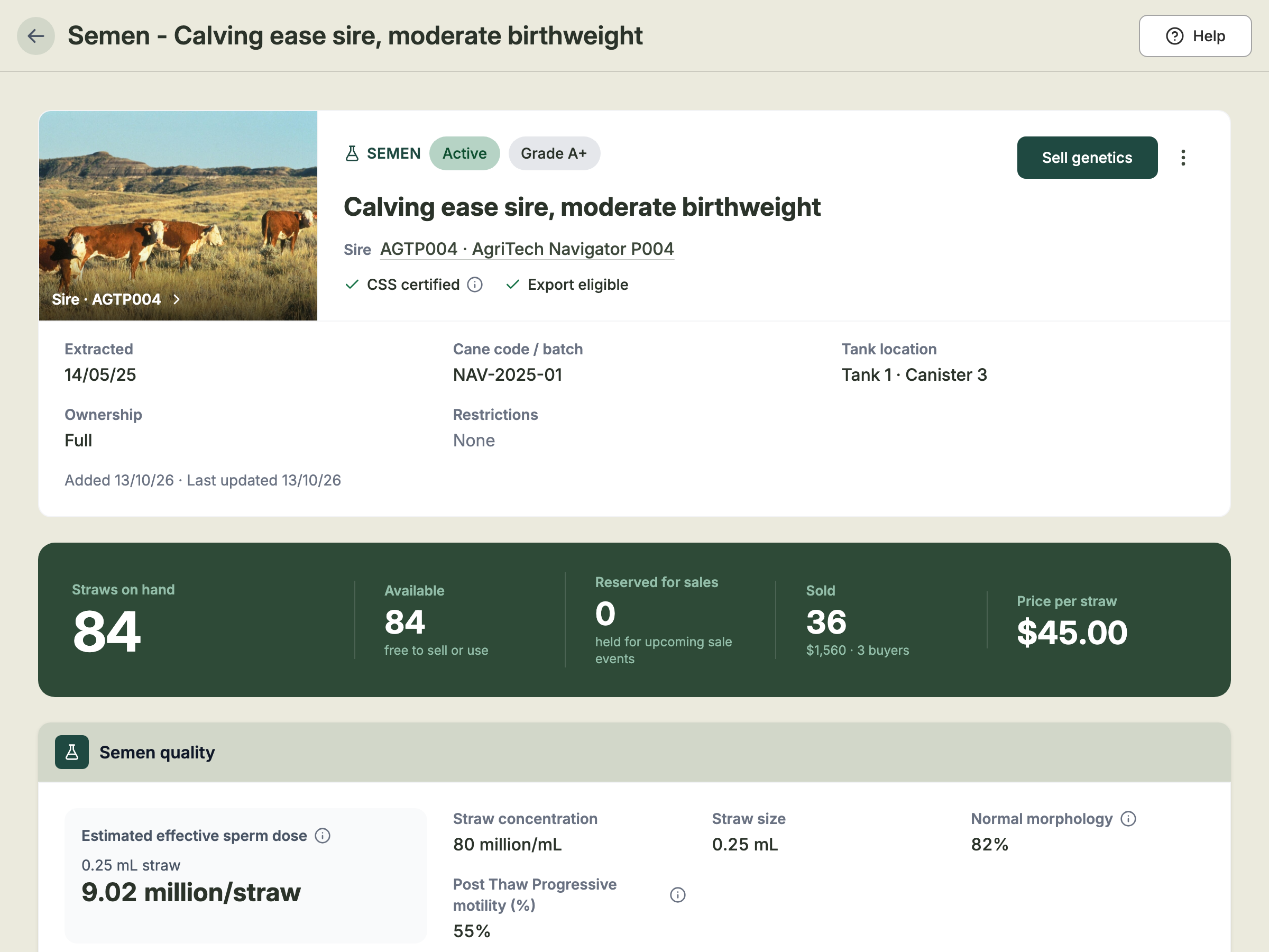 A semen product page with the sire's photo, grade, CSS certified and export eligible ticks, batch details, and a stock summary of straws on hand, available, reserved, sold and price per straw