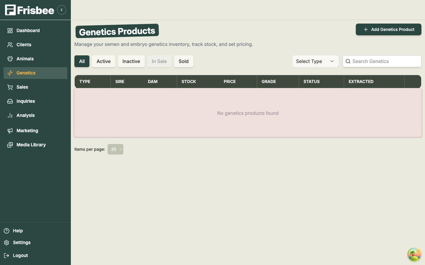 The Genetics Products list showing the 'No genetics products found' empty state with an Add Genetics Product button