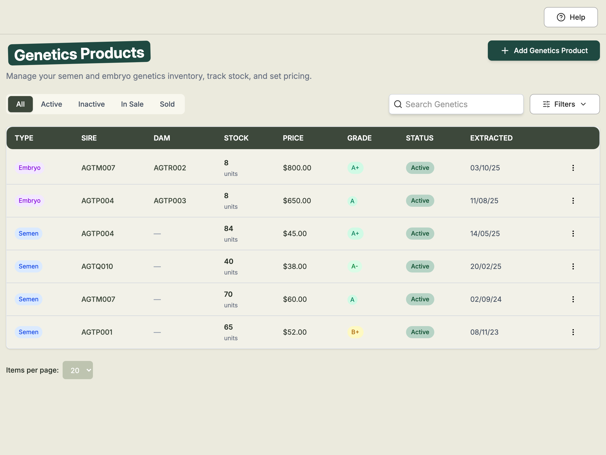 The Genetics Products list showing semen and embryo products with sire, dam, stock, price, grade, status and extracted date