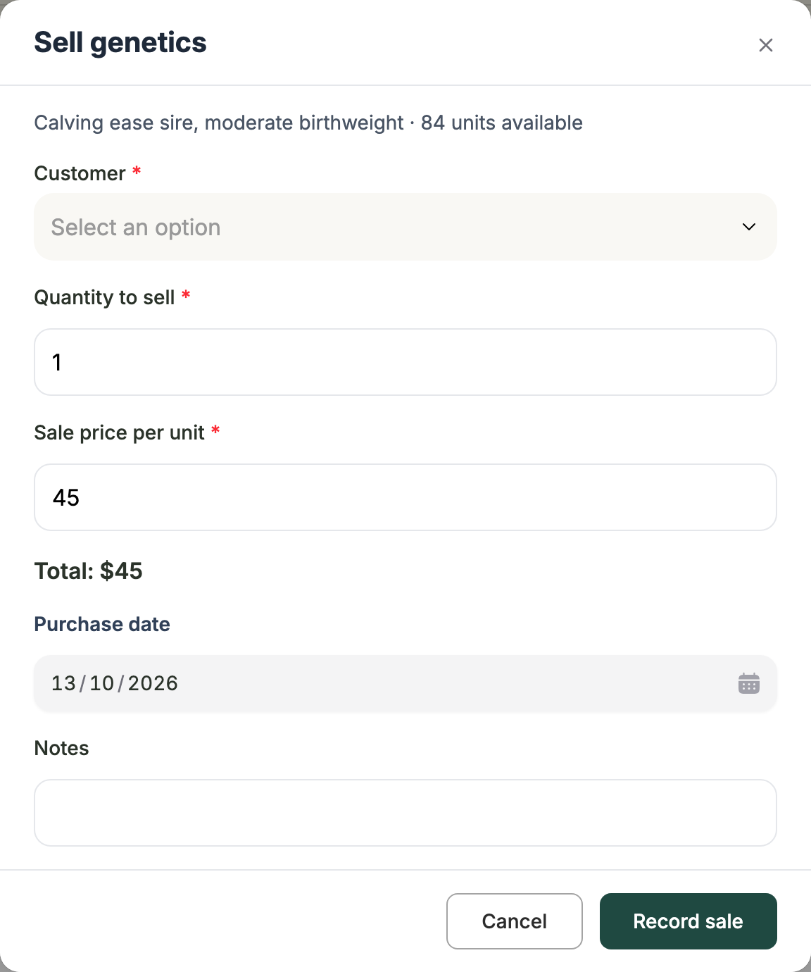 The Sell genetics window with Customer, Quantity to sell, Sale price per unit, a running total, Purchase date and Notes