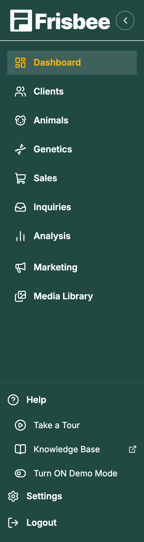 The left-hand menu with Help expanded to show Take a Tour, Knowledge Base and Turn ON Demo Mode