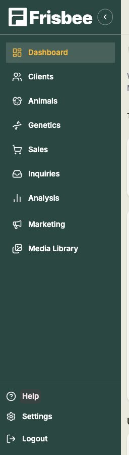 The Frisbee left-hand navigation menu listing Dashboard, Clients, Animals and other sections