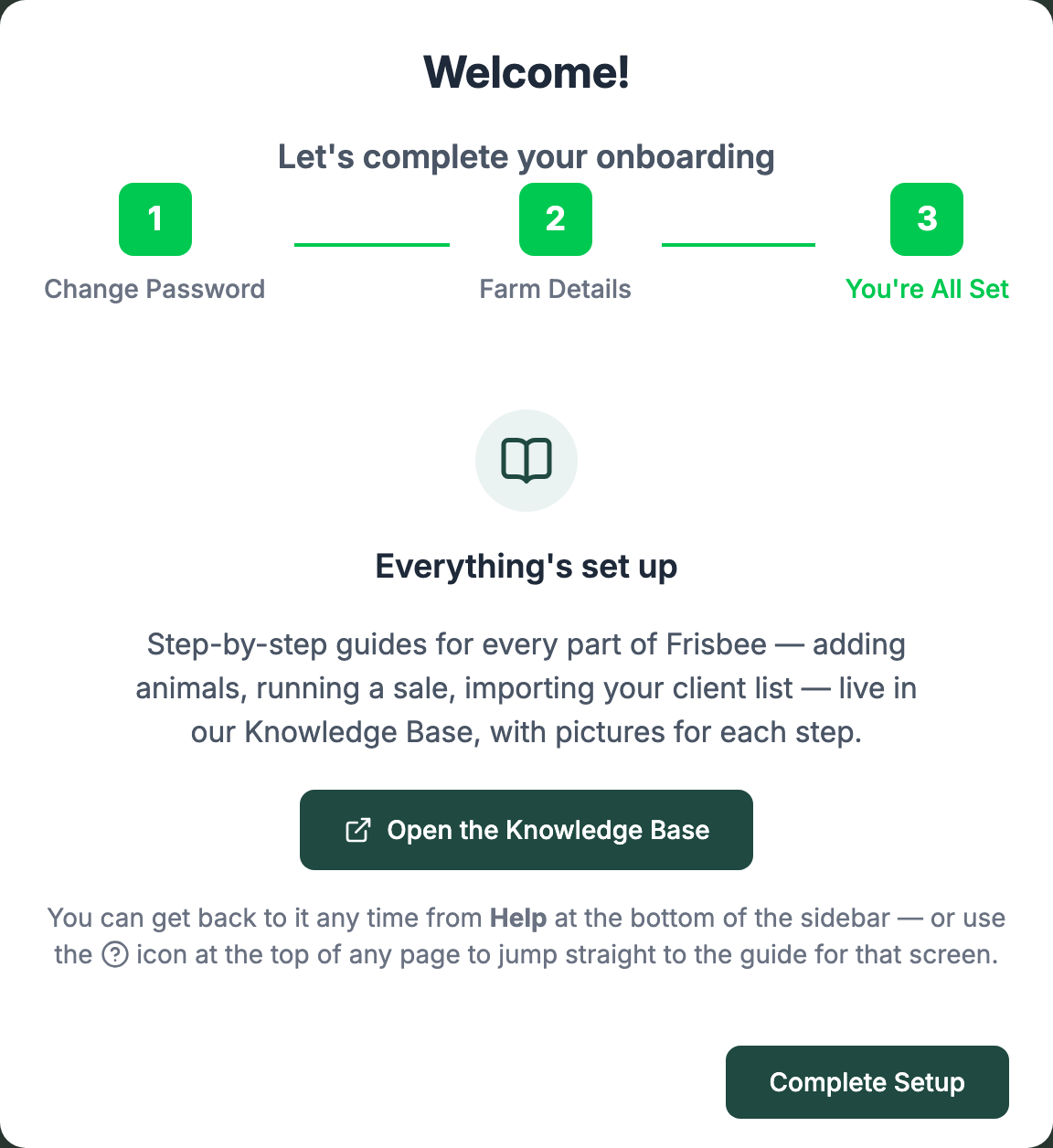 The final You're All Set step of the setup wizard with an Open the Knowledge Base button and a Complete Setup button