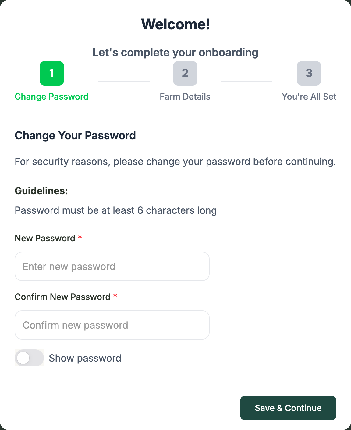 The setup wizard's Change Password step, with the three steps Change Password, Farm Details and You're All Set across the top