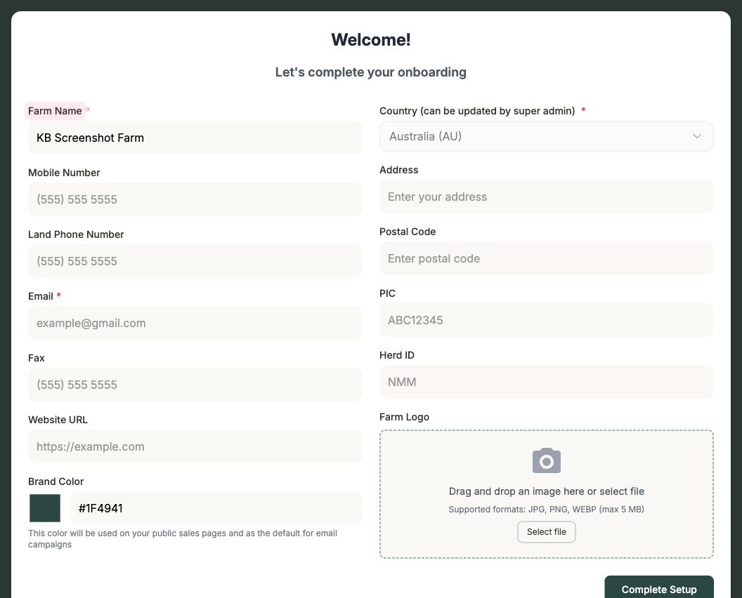 The first-time setup wizard showing the Farm Details step with farm profile fields