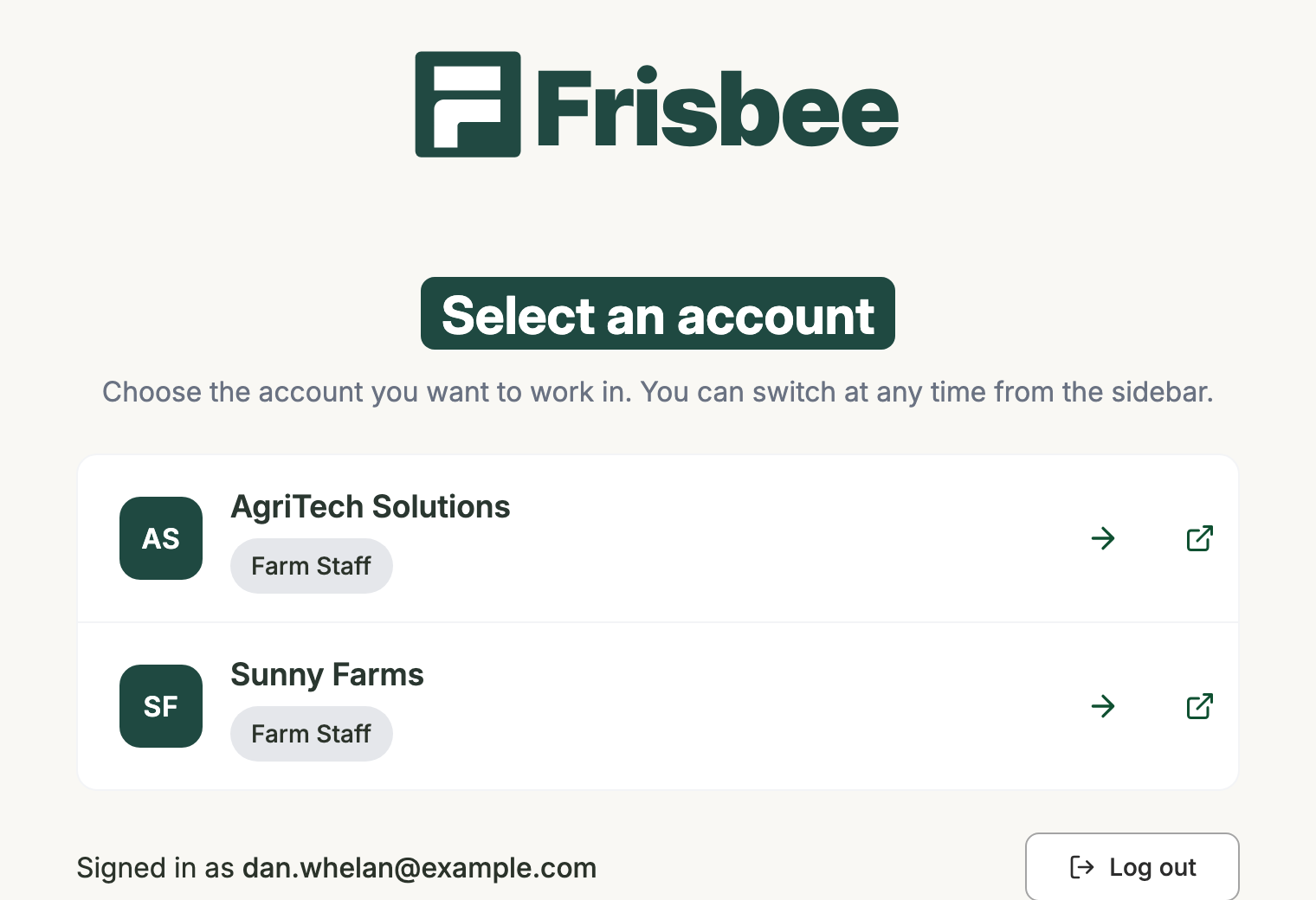The Select an account page listing two farms with the role you hold in each