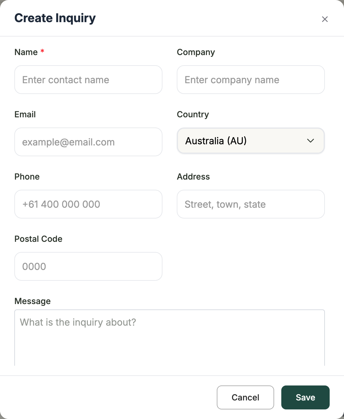 The Create Inquiry window with Name, Company, Email, Country, Phone, Address, Postal Code and Message fields