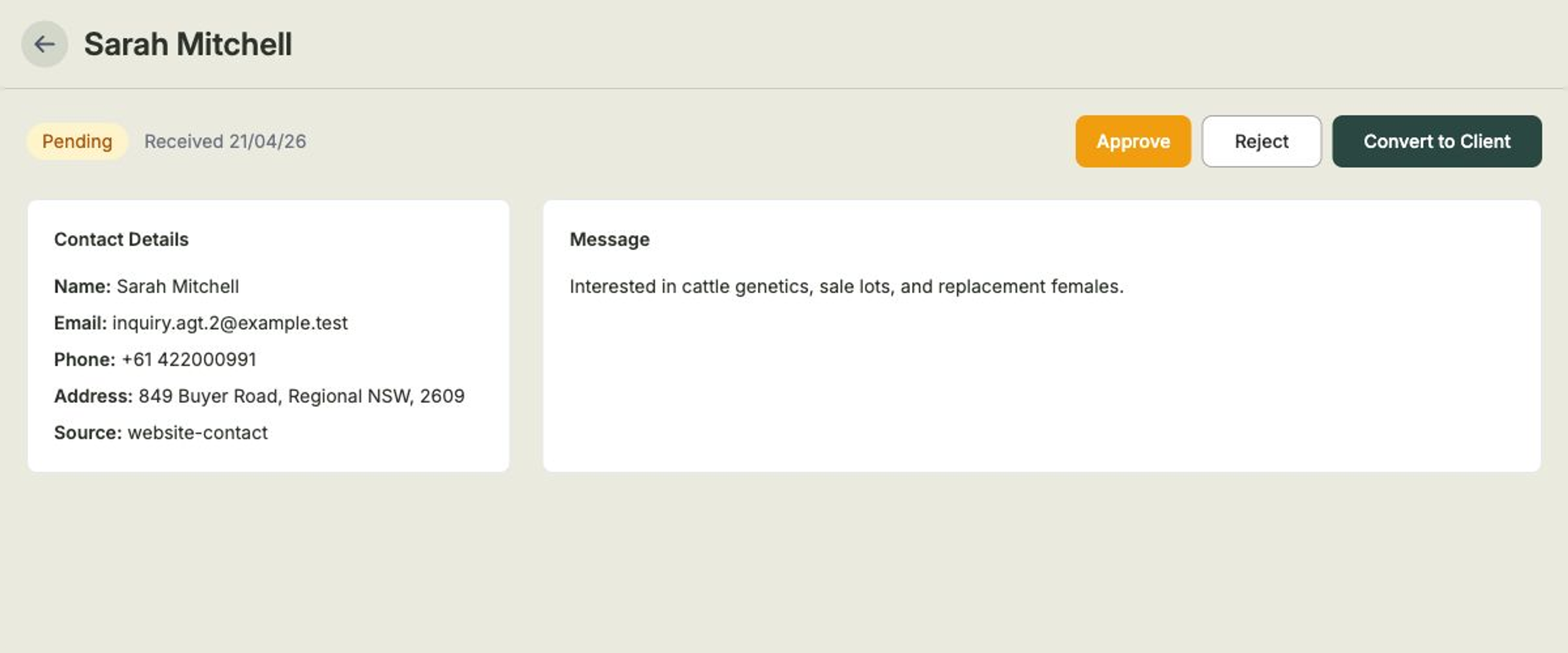 An inquiry detail view showing contact details, the buyer's message, and the Approve, Reject and Convert to Client buttons