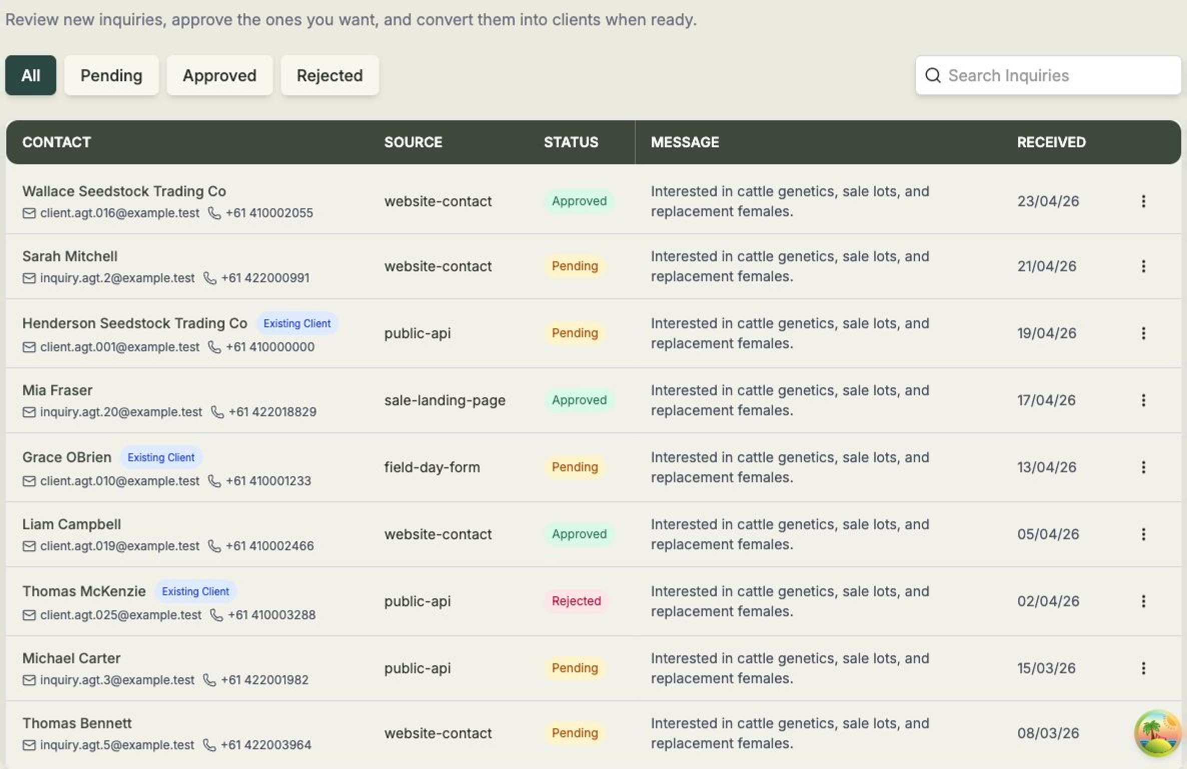 The Inquiries list showing status tabs and columns for contact, source, status, message and received date