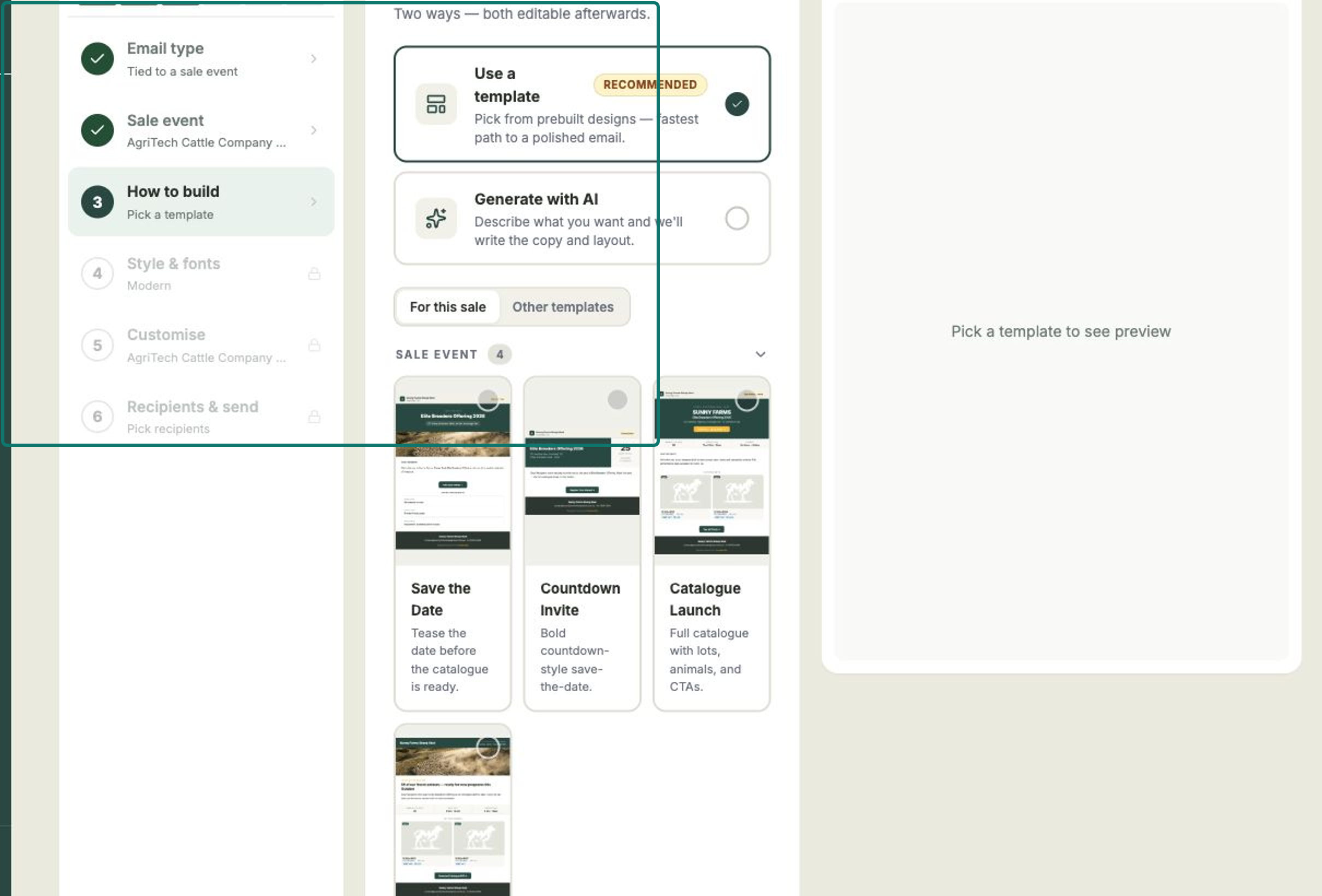 The build step offering a choice between using a template and generating with AI