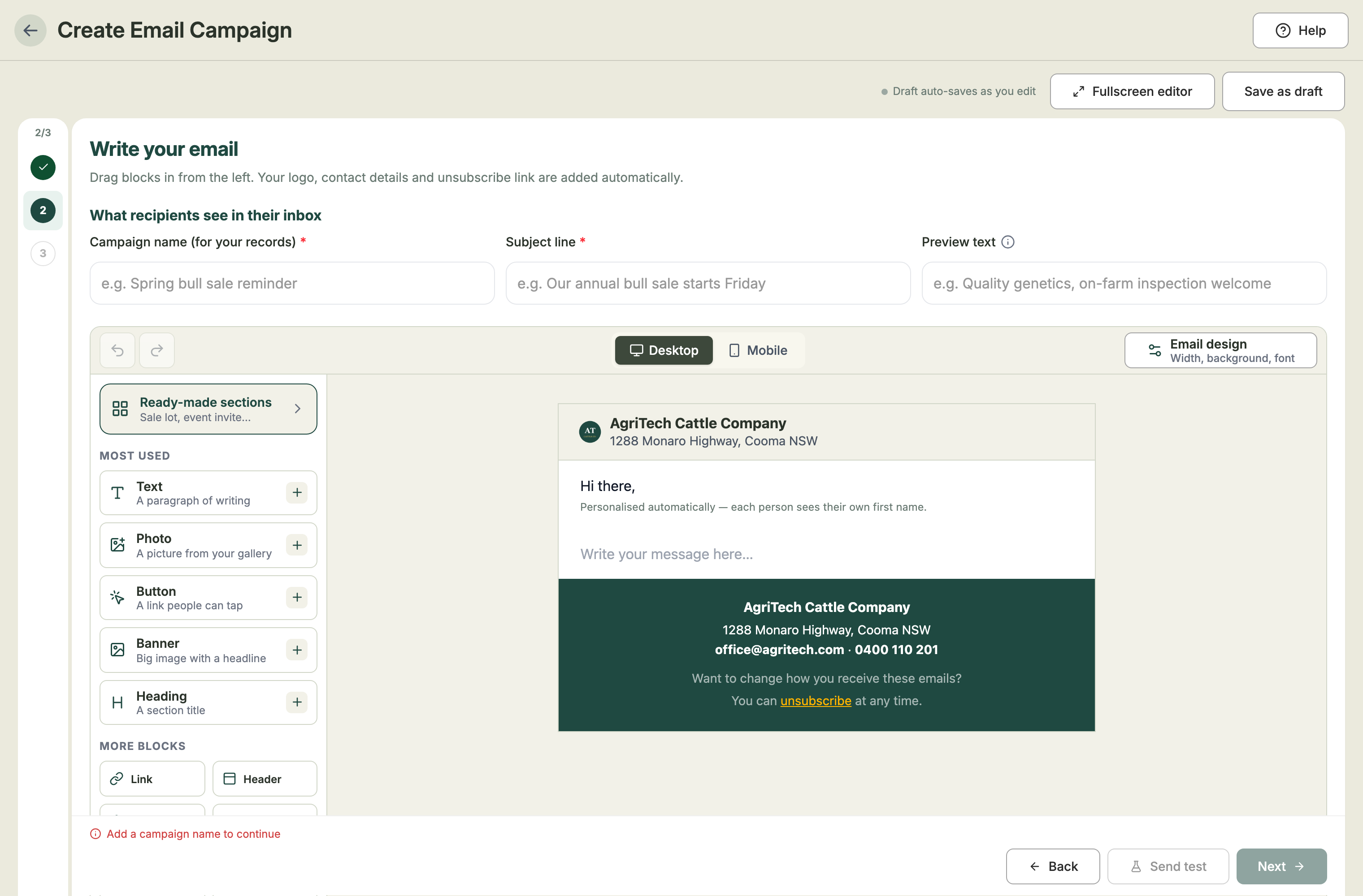 The Custom Builder with empty campaign name and subject fields, an email containing only a greeting, the farm header and footer, and the list of blocks to add