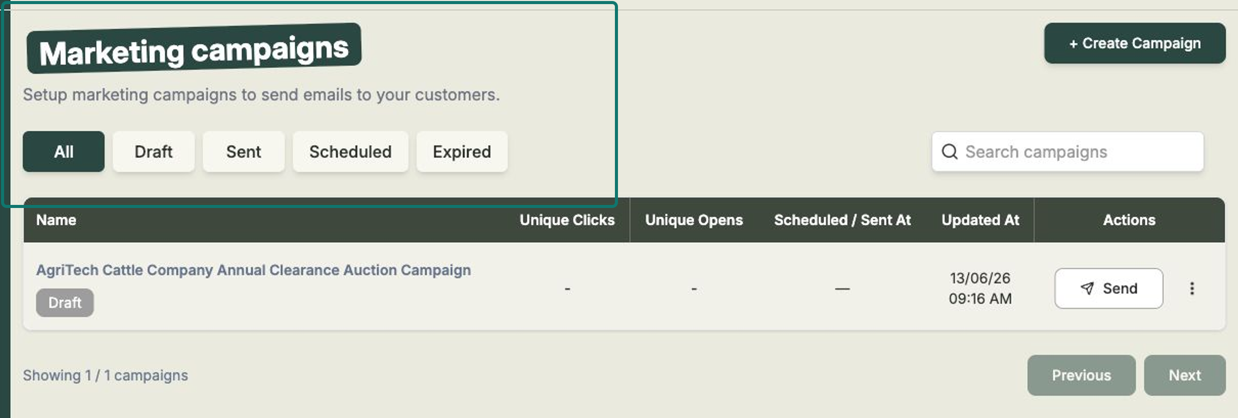 The Marketing campaigns page with status tabs and the Create Campaign button