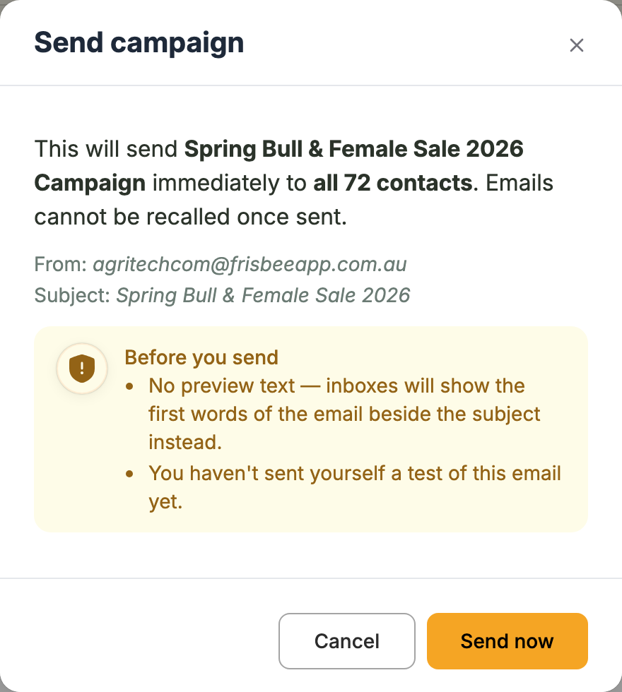 The Send campaign window showing the campaign name, all 72 contacts, the From address and Subject, and a Before you send list warning about missing preview text and no test email