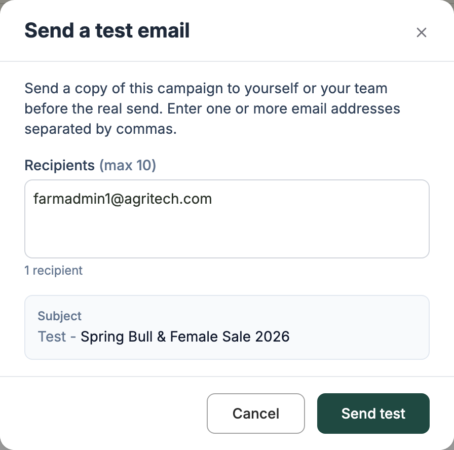 The Send a test email window with the signed-in user's address already in the recipients field, a Subject and a Send test button