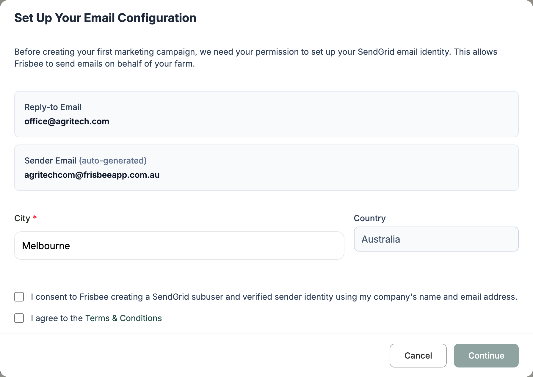 The Set Up Your Email Configuration window showing the reply-to email, an auto-generated sender email, a City field and two consent boxes
