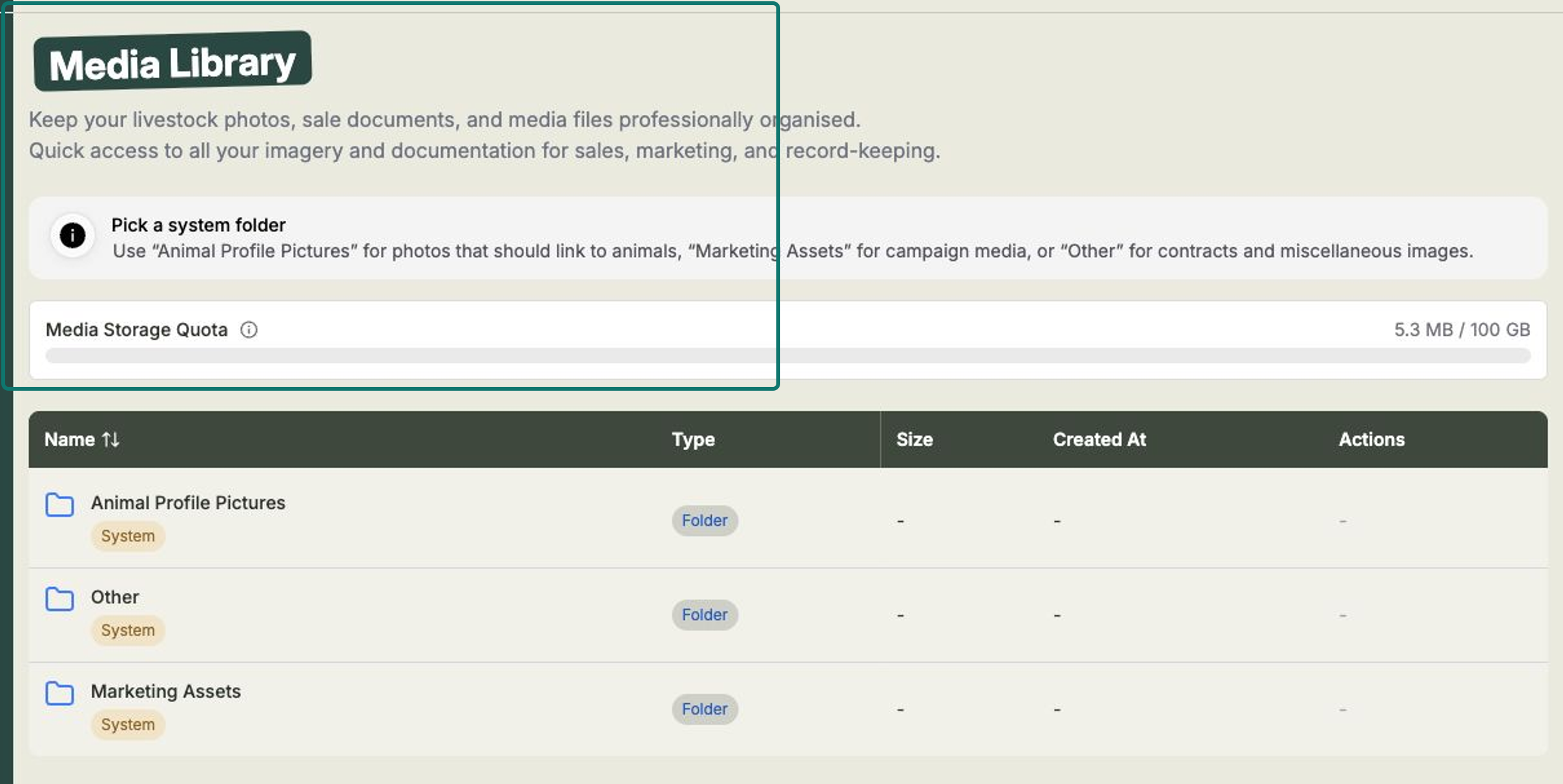 The Media Library showing the Animal Profile Pictures, Marketing Assets, and Other folders with a storage quota indicator