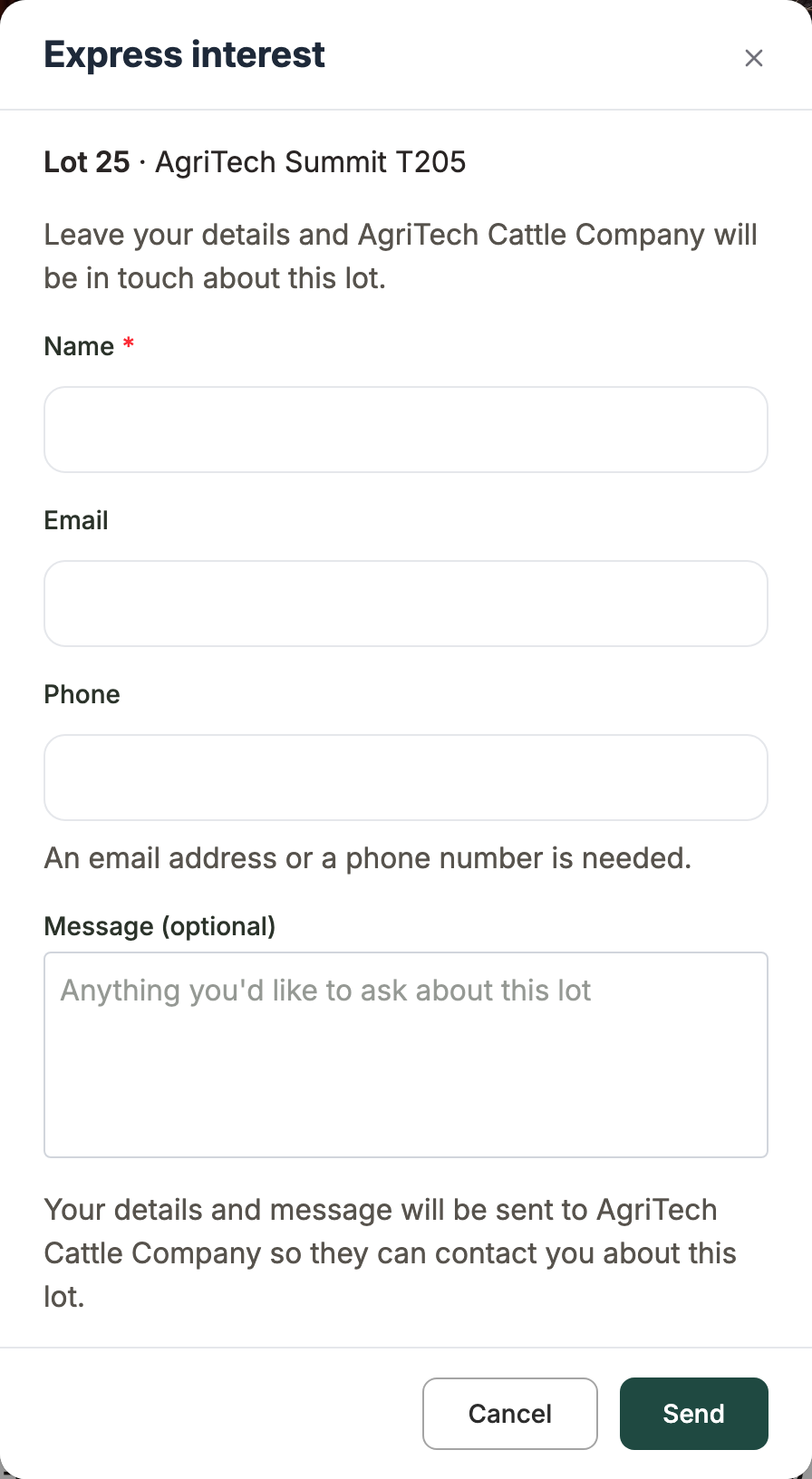 The Express interest form for one lot, with Name, Email, Phone and an optional Message, and a Send button