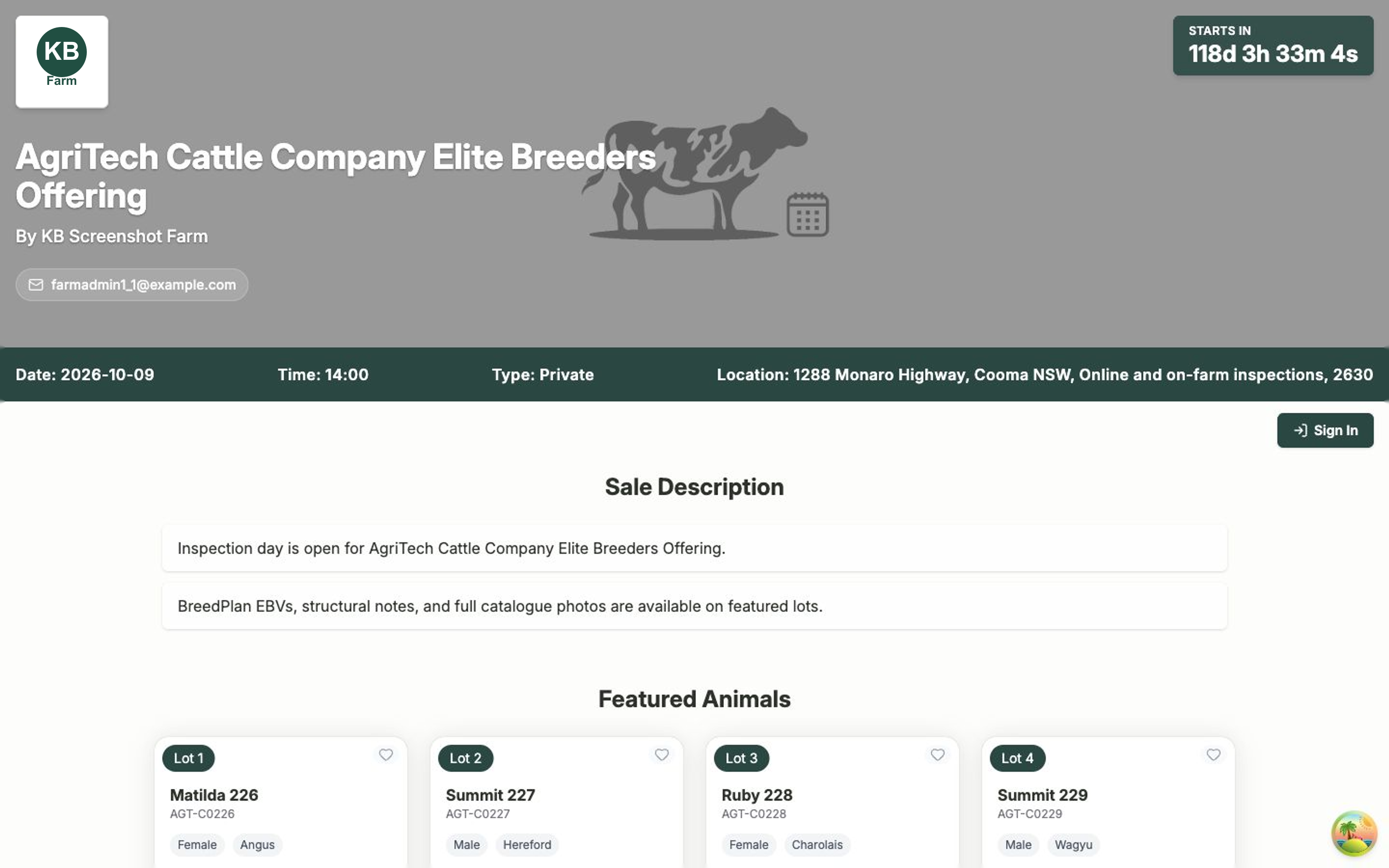 The public sale page showing a countdown header, farm name and contact details, with featured animal cards below