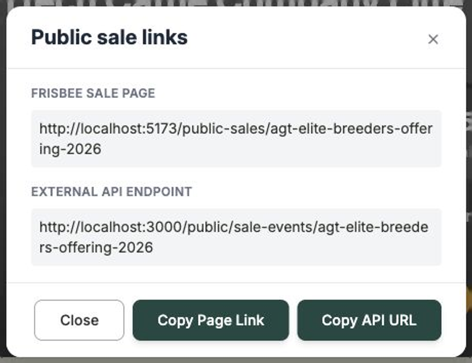 The Create Sharable Link dialog with Copy Page Link and Copy API URL buttons