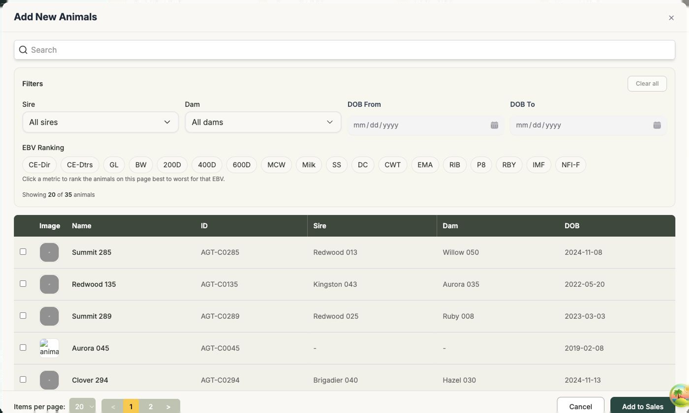 The Add New Animals picker with filters for sire, dam and date of birth, EBV ranking metrics, and a list of selectable animals
