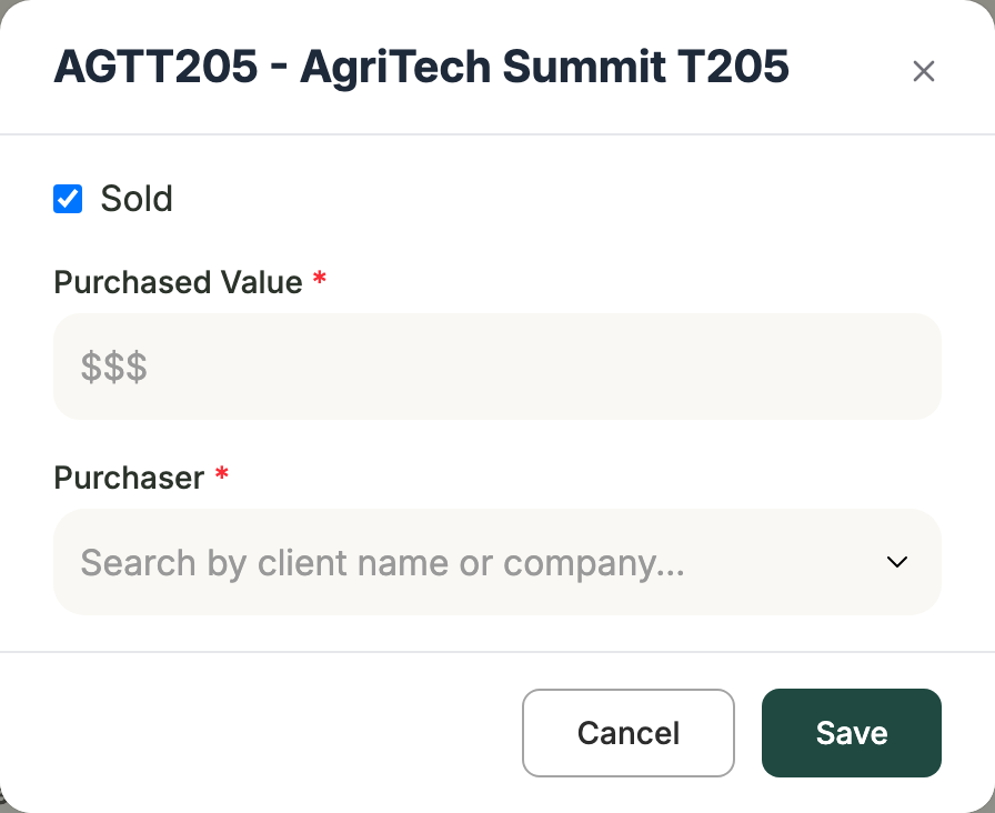 The Add Sales Info window for one lot with Sold selected, a Purchased Value field and a Purchaser picker