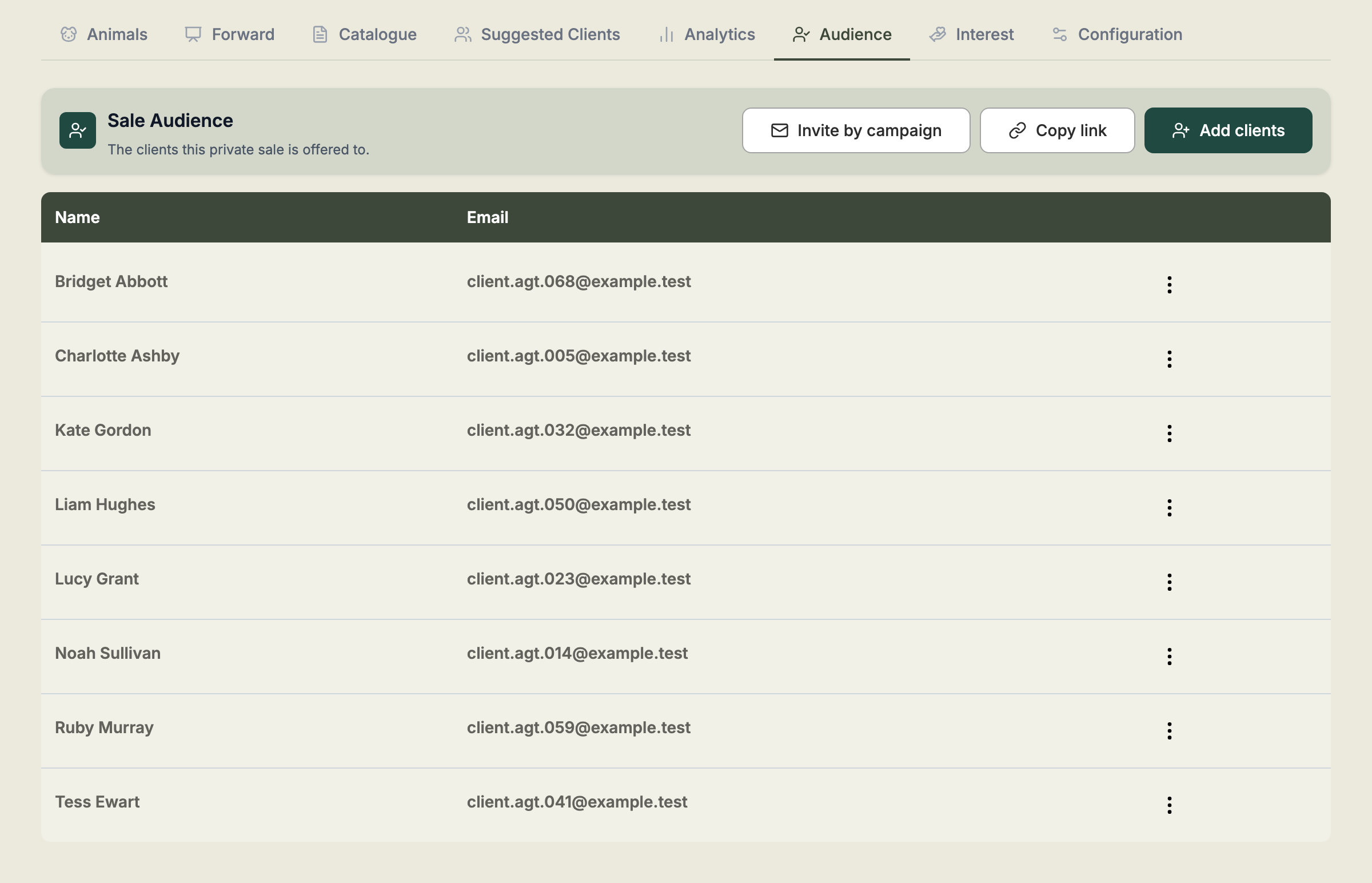 A private sale's Audience tab listing clients by name and email, with Invite by campaign, Copy link and Add clients buttons
