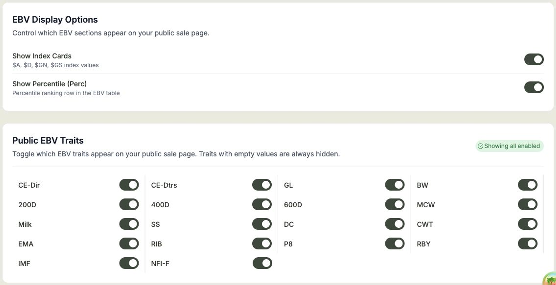 The Configuration tab with toggles for index cards, percentile, and individual public EBV traits