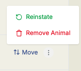 A withdrawn lot's actions menu open, showing Reinstate above Remove Animal