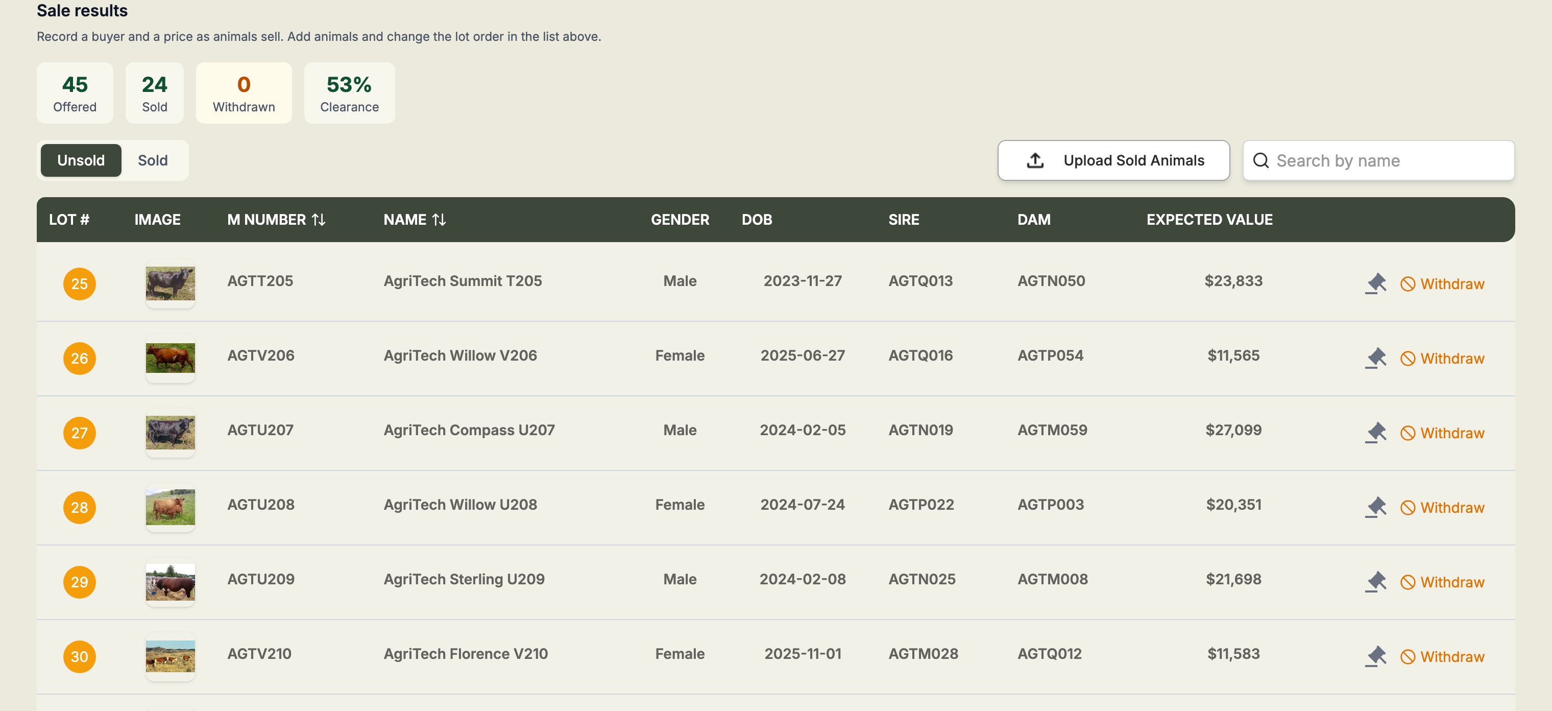 The Sale results view with Offered, Sold, Withdrawn and Clearance counts, Unsold and Sold tabs, an Upload Sold Animals button, and a table of unsold lots with an auction-hammer icon and a Withdraw button on each row