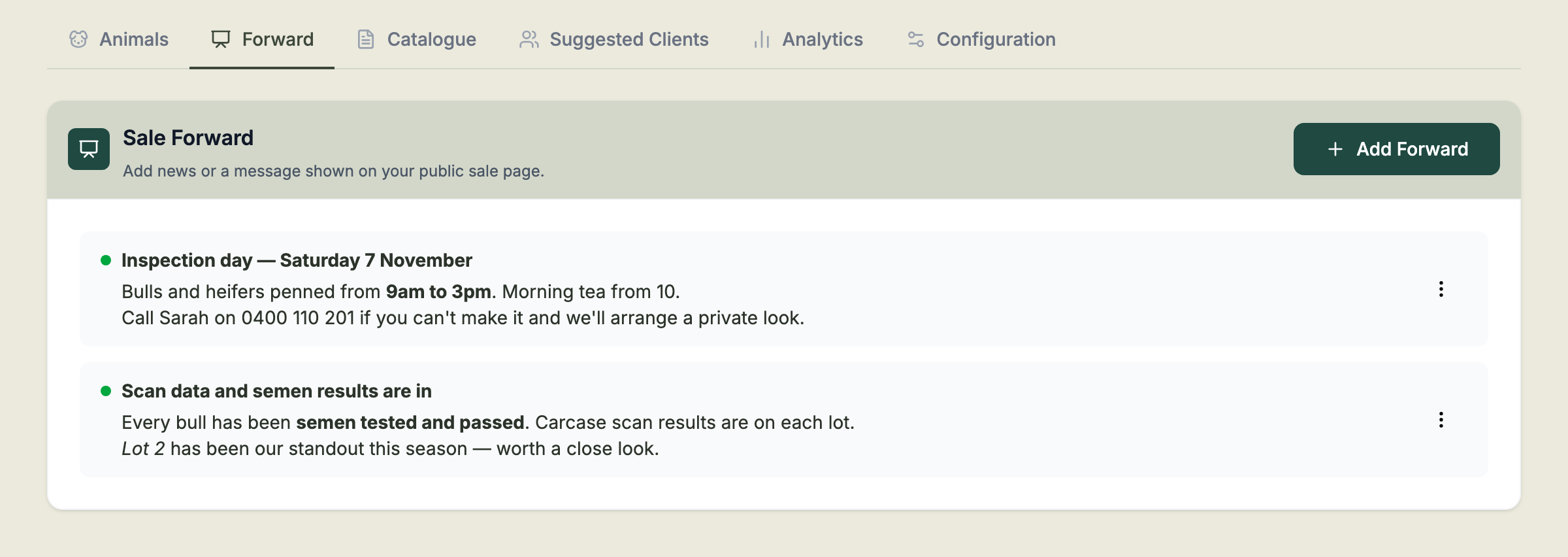 The Forward tab listing two posted updates, each with a title and message