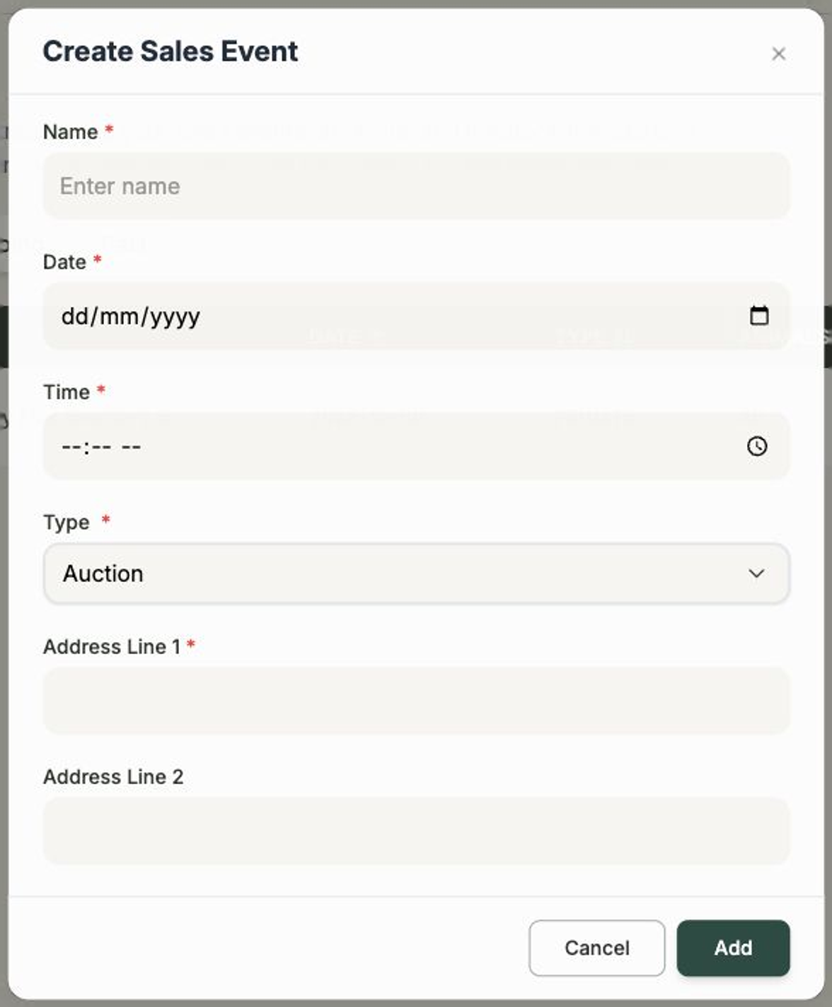 The Create Sales Event form with fields for name, date, time, type, address and an optional pre-sale video link