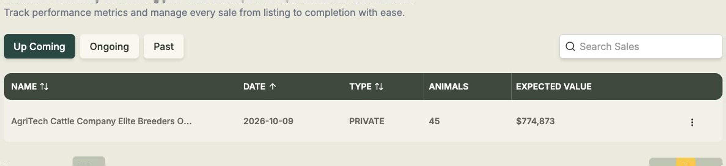 The Sales page showing the list of sale events with tabs for Up Coming, Ongoing and Past, and an Add Sales Event button