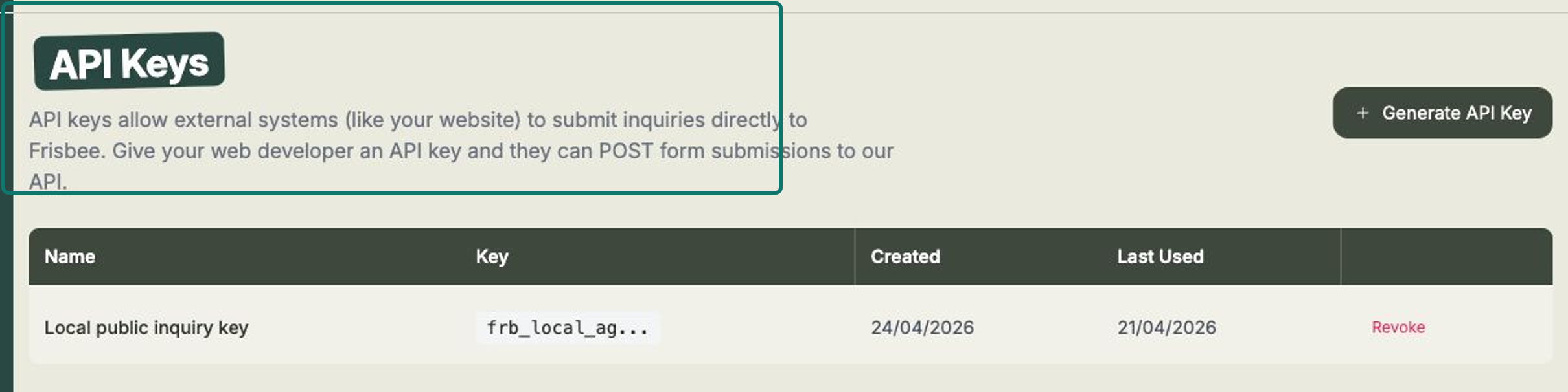 The API Keys page showing the Generate API Key button and a table of keys with name, masked key, created date, last used and a revoke action