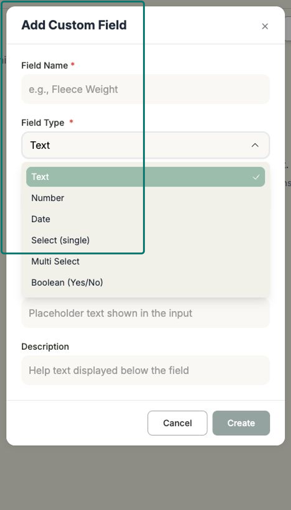 The Add Custom Field form with the Field Name input and the Field Type dropdown showing Text, Number, Date, Select, Multi Select and Boolean options