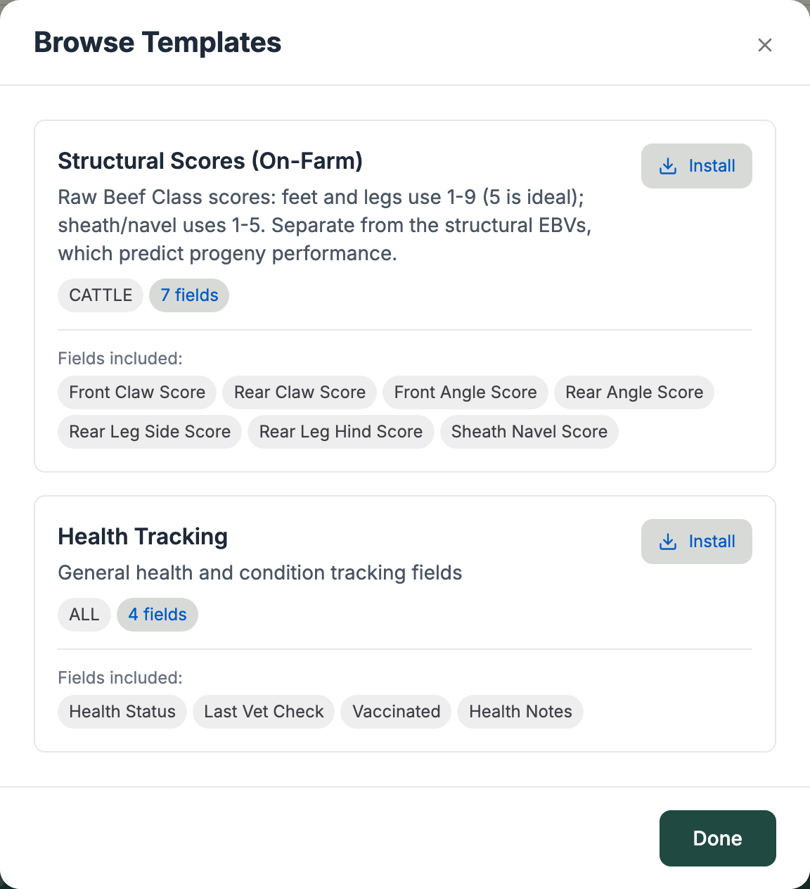 The Browse Templates window offering Structural Scores and Health Tracking templates, each listing the fields it adds and an Install button